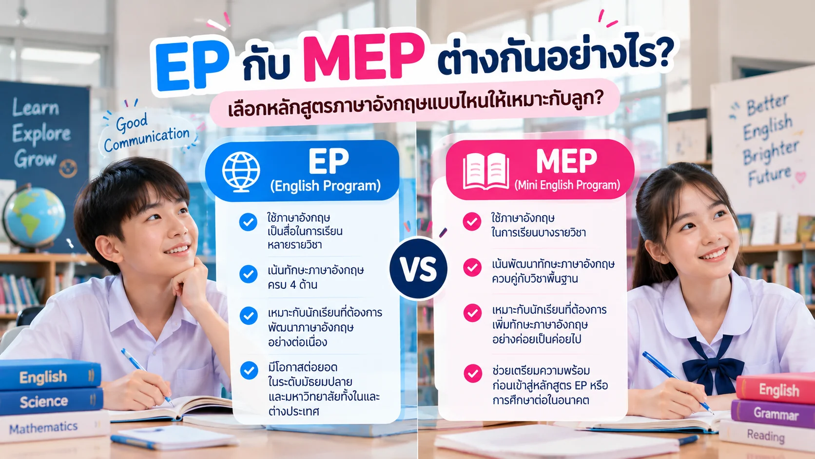 เปรียบเทียบ EP กับ MEP ม.1 การใช้ภาษาอังกฤษในการเรียนและแนวทางเลือกห้องเรียน